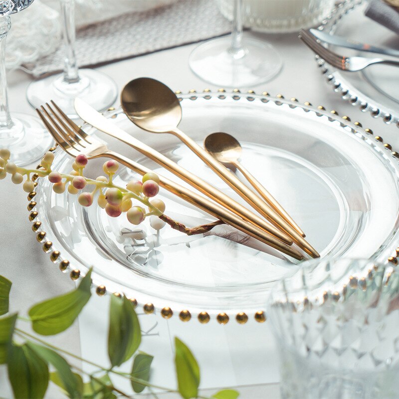 Transparent Tray Knife Fork Spoon Delicate Tableware Set Luxury Pearl Decorative Flat Glass Plate Dinnerware 5pcs/set