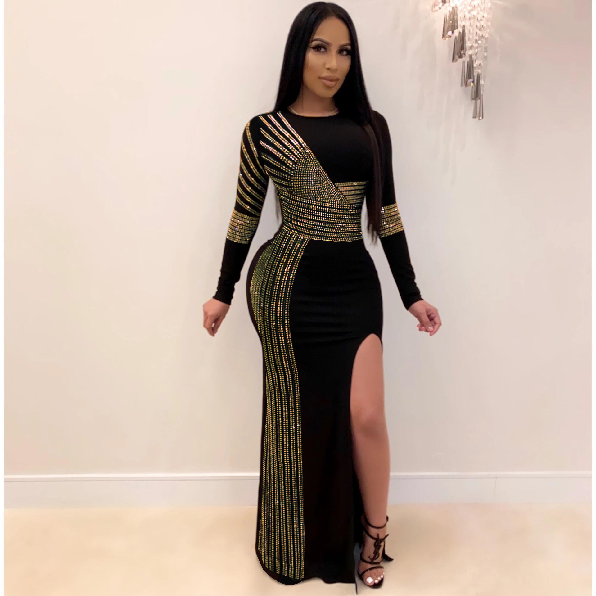Afrikanische max Kleider Für Frauen Schwarz afrikanisch Langen Kleid Pailletten Oansatz Langen Ärmeln Täglichen Kleid Abendkleid Party Kleid: Gelb / S