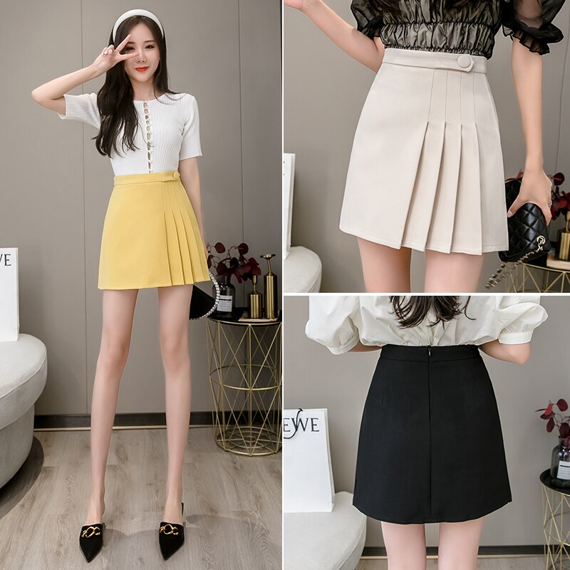Preppy Stijl Hoge Taille Geplooide Mini Rokken Vrouwen Zomer Chic Button A-lijn Rok Dames Leuke Casual Korte Rok