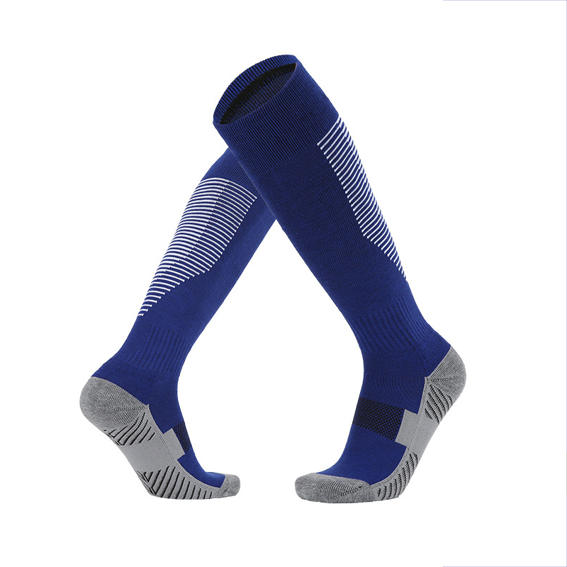 Cotton Football Socks Over the Knee Children High Tube Thickened Soles Non-slip Adult Men&#39;s tTraining Soccerl Socks: Dark blue white edge / Adult Size