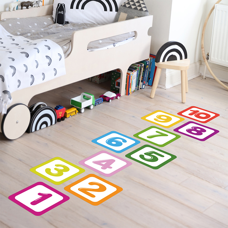 10 Cartoon Floor Sticker Hopscotch Kid Children Digital Grid Wall Decoration Cute Number Teenager Jump Game Decals Self-adhesive