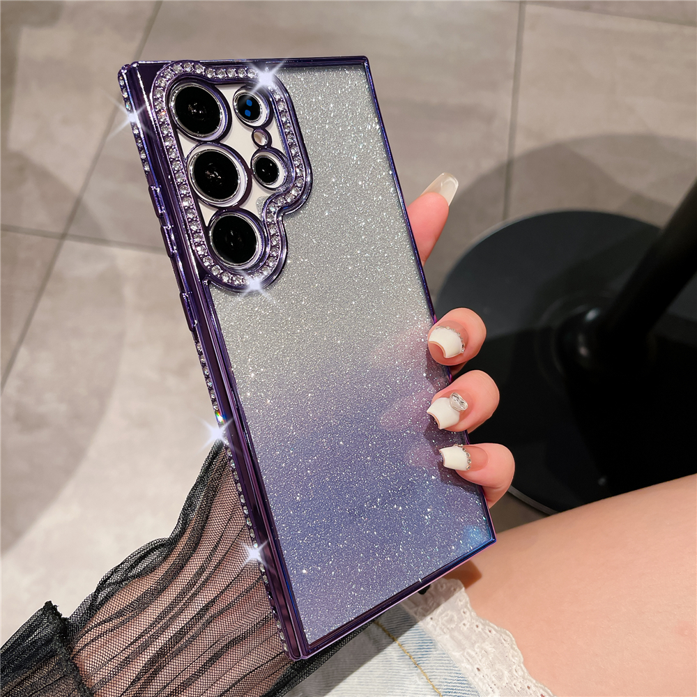 Custodia per telefono trasparente con diamanti con strass glitterati placcati di lusso per Samsung S23 ultra S22 più coperchio morbida e trasparente a colori sfumati: Denim / nero