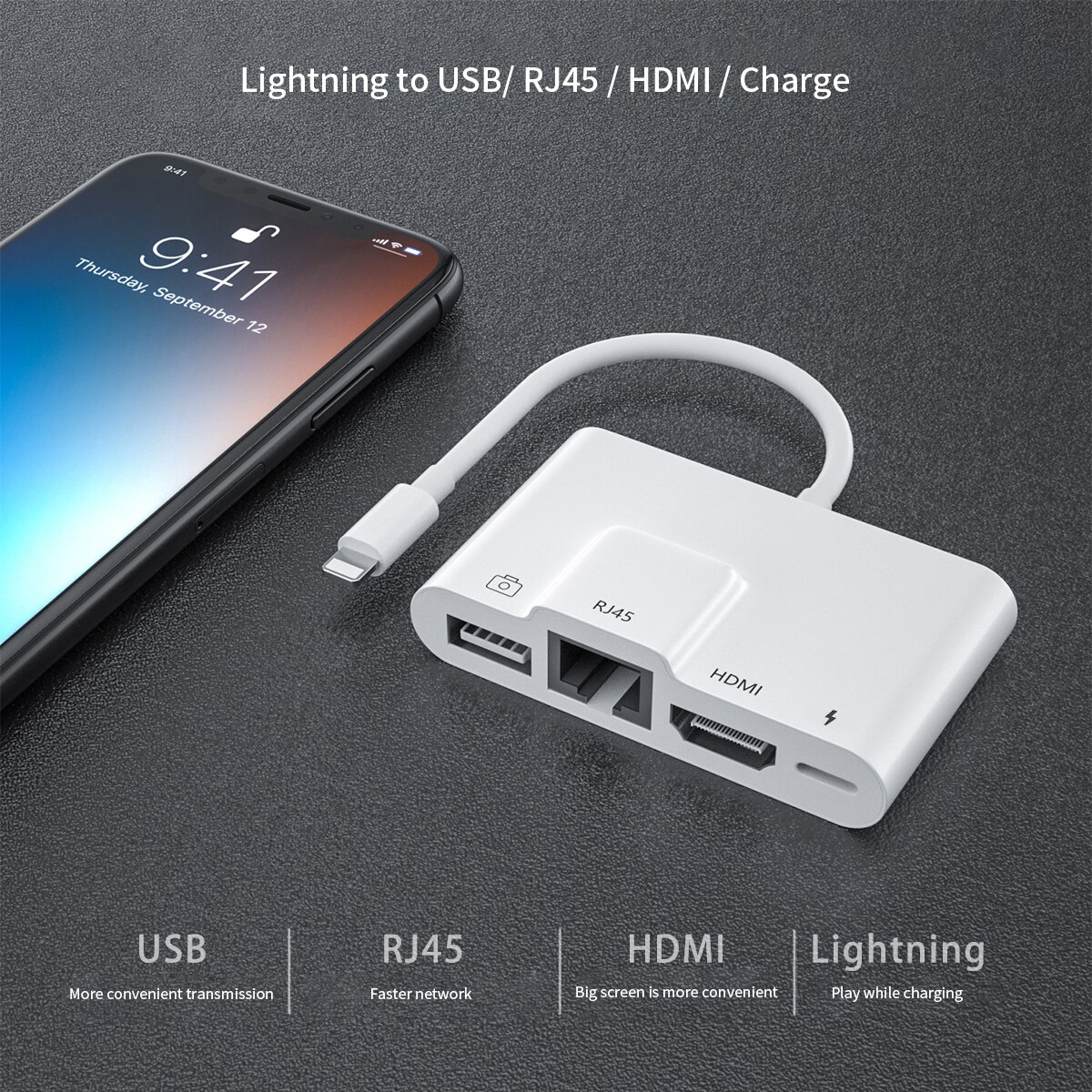 Adaptateur Lightning vers Ethernet RJ45, iPad toUSB/HDMI avec Port de charge, ipad vers Ethernet prend en charge le système Internet/POS 100mbps pour iphone