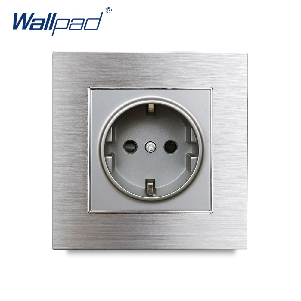 EU German Socket Wallpad Silver Satin Metal Panel EU 16A Electric Wall Power Sockets Electrical Outlets Schuko