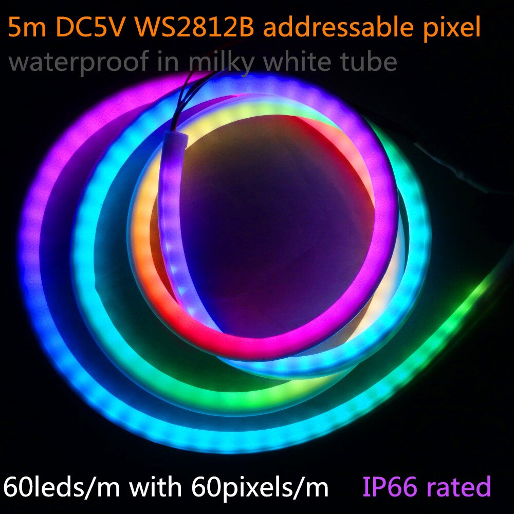 5 m DC5V WS2812B adresseerbare led neon pixel licht, RGB full color; 60 leds/m met 60 pixels/m; waterdicht in melkwit buis