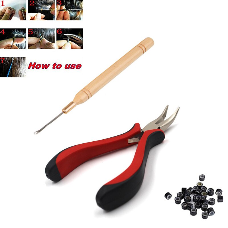 Haarverlenging Tool Kit Tang + Trekken Haak + 100 Pcs Link Ringen Kralen Hair Styling WH998