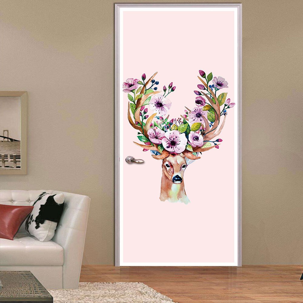 Mooie Geschilderd Elanden Europese Stijl Deur Sticker 3D PVC Behang DIY Waterdichte Muurschildering Sticker Voor Woonkamer Slaapkamer Home Decor