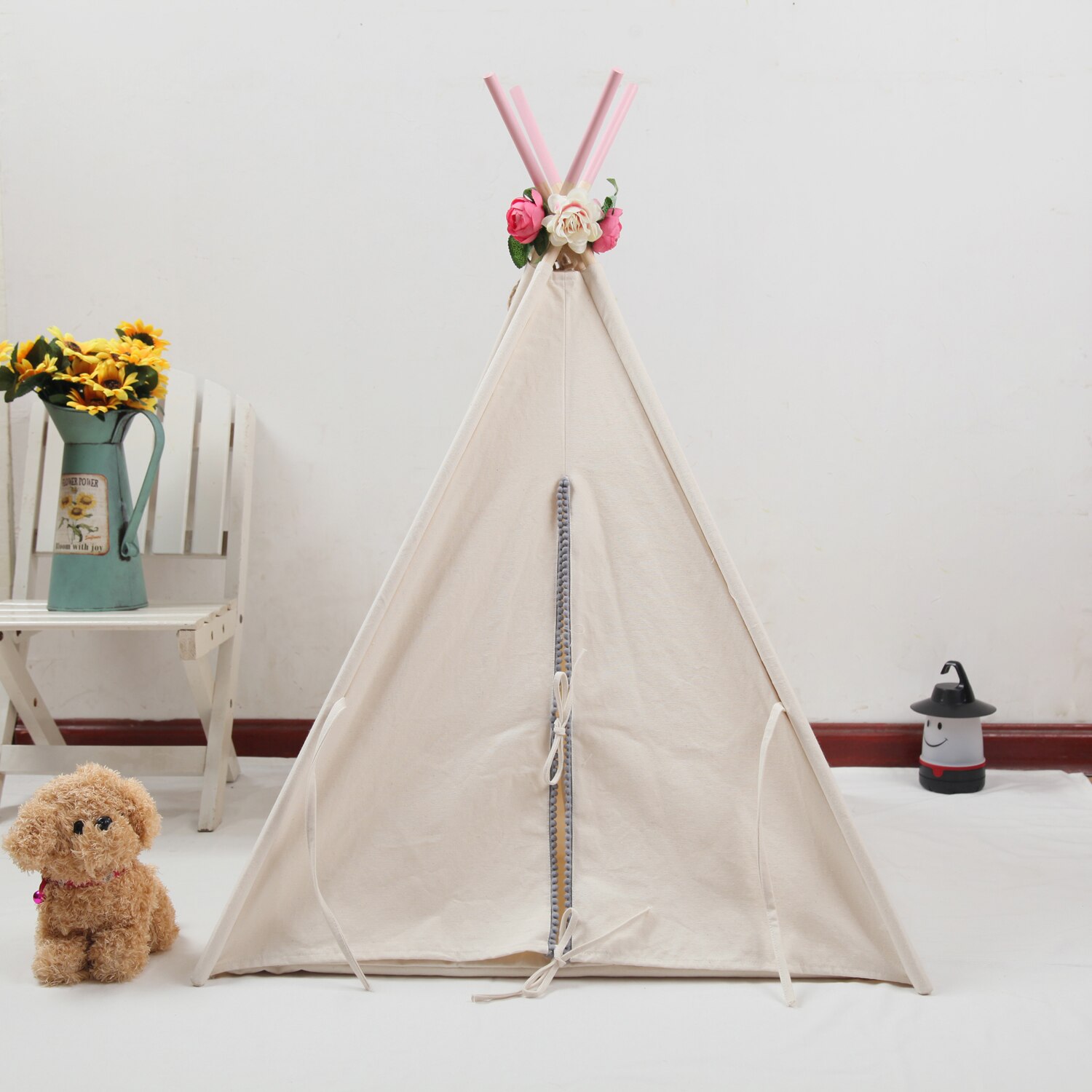 Natural Canvas Pom Poms Dog Teepee 60cm Base 63cm Tall NO window unpainted poles now