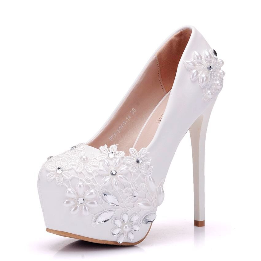 Krystal dronning høje brude hvide strass blonder bryllup sko forår sommer brudepige – Grandado