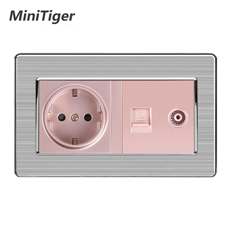 Minitiger eu standard vægstik+hun tv-stik med internet computer data  rj45 kat 5e stik rustfrit stål børstet panel: Guld