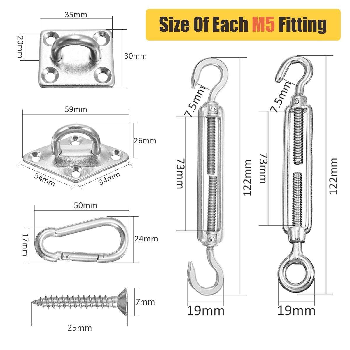 24Pcs Sun Shade Sail Accessories for Rectangle or Square Shade Sail Replacement Fitting Tools Kit Realiable to Use