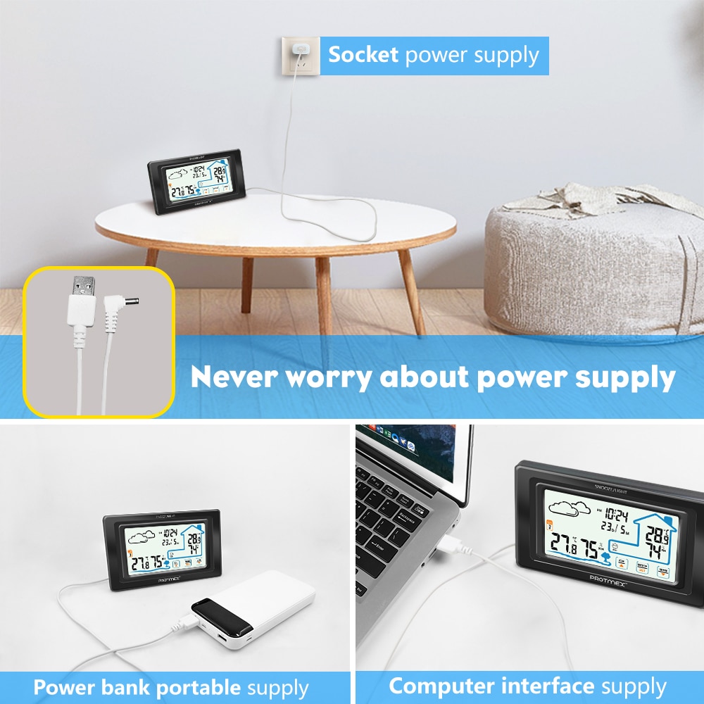 Protmex PT19A Weather Station Wireless Indoor Outdoor Touch Screen Weather Station Wireless Temperature and Humidity Monitor