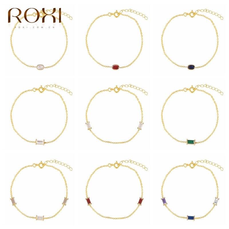 ROXI Colorful Rectangle Circle Zircon Chains Bracelets for Women Girls Gold Bracelets 925 Sterling Silver Jewelry Bracelet Femme