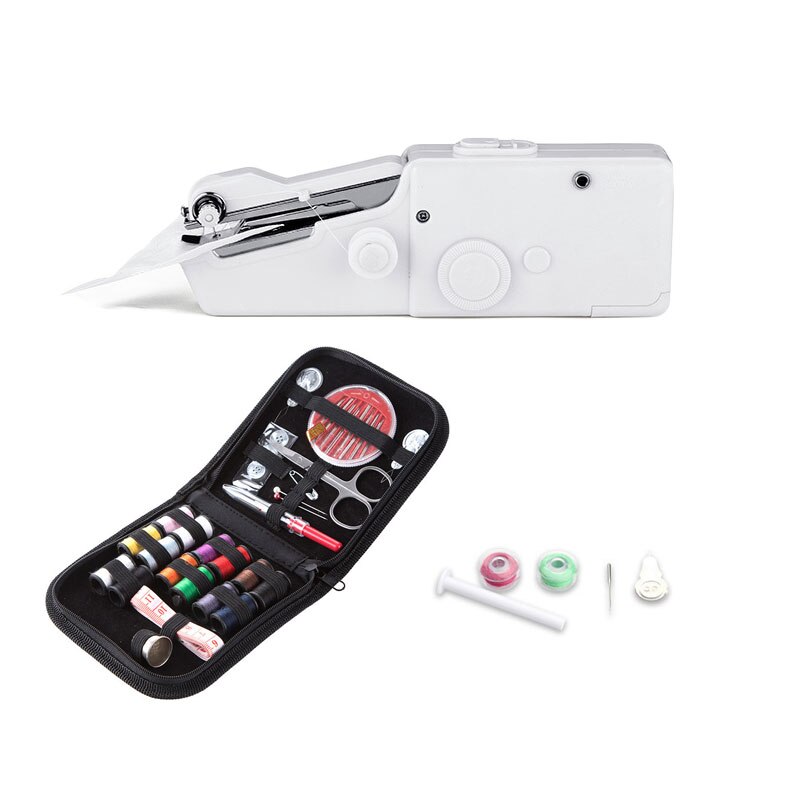 Hand Sewing Machine Kit Portable Handheld Electric Handy Stitch Household Needlework Cordless Small White DIY Cloth Fabric: with bag