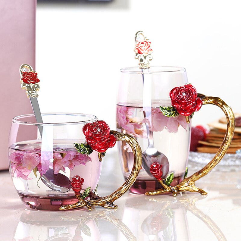 Rød rose emalje krystal krus blomst te glas høj kvalitet glas kop blomsterkrus med håndtag perfekt til elsker bryllup