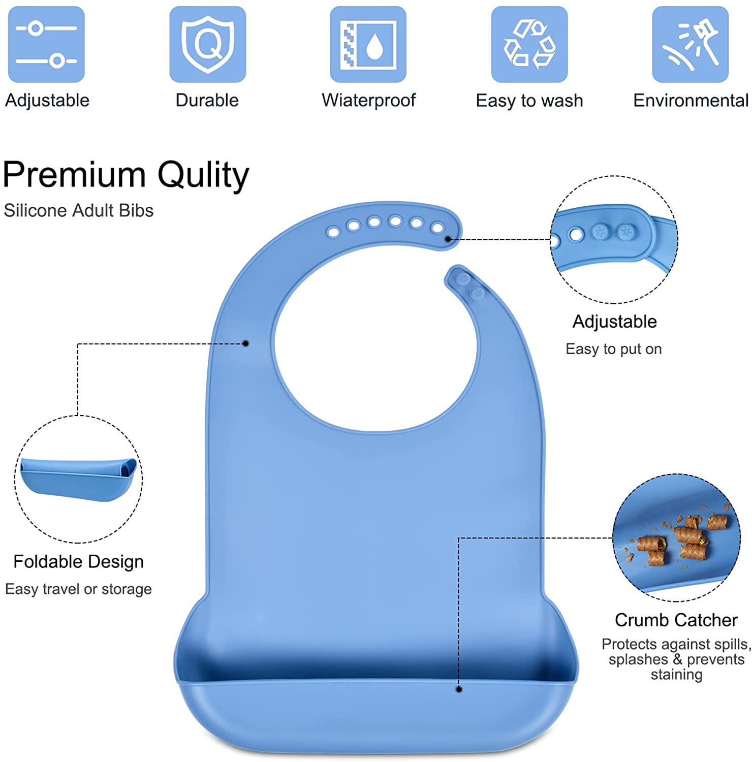 Dorsales para adultos de silicona Baberos comida colector de migajas ajustable dorsales para adultos para hombres y mujeres Baberos para comer lavable Baberos delantales Protector