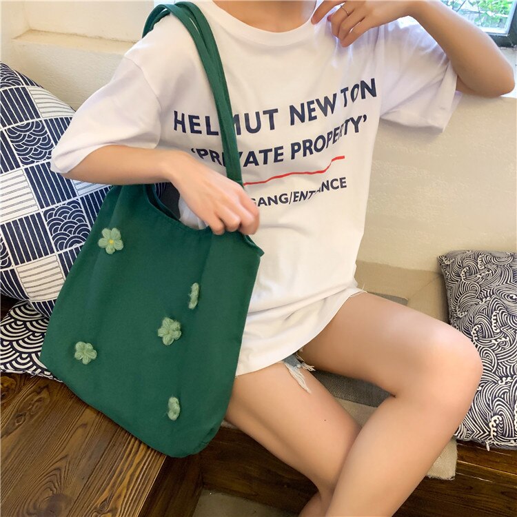 Women Canvas Shoulder Bag Bright Daisies Cotton Cloth Handbag Female Flower Casual Totes Large Capacity Shopping Bags For Girls: Green