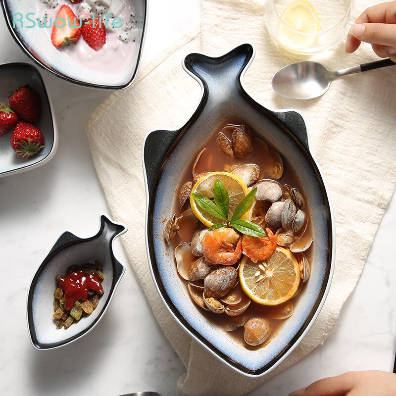 Grand bol à soupe en forme de poisson hôtel Restaurant occidental salade de fruits assiette à nouilles en céramique, assiettes d&#39;assaisonnement, ensemble de vaisselle individuel