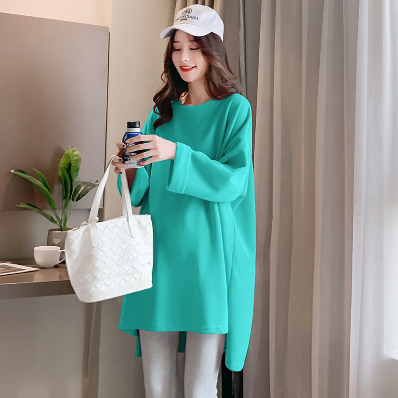 Good Pregnant Women Long Loose T-shirt Solid Color High Low Irregular Maternity Cotton Tees Plus Size Pregnancy Tops