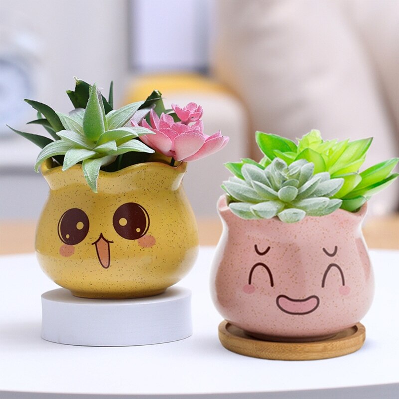 4 Pcs Cute Expression Ceramic Flower Pot Minimalist Succulent Vase for Indoor Plants Water Absorption Flowerpot Plants