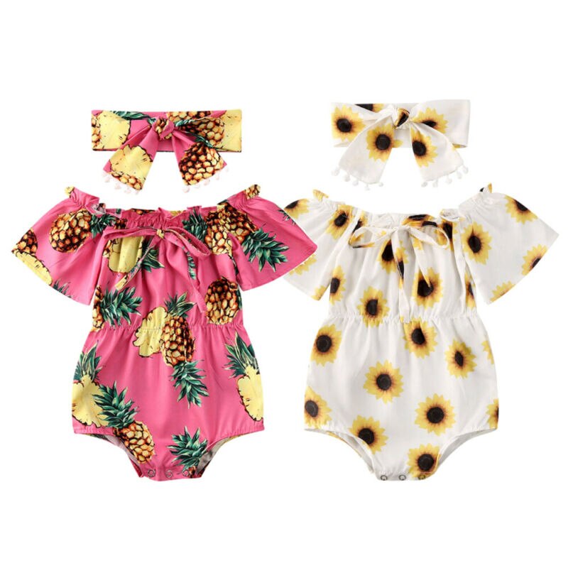 Nyfødte baby pige bodysuits pandebånd 2 stk sommer ananas solsikker print flæser jumpsuits outfits sæt