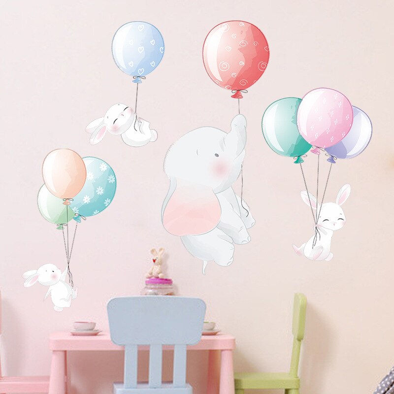 Tecknad färg ballong elefant väggdekaler för barnens baby rum dekoration självhäftande papper barn