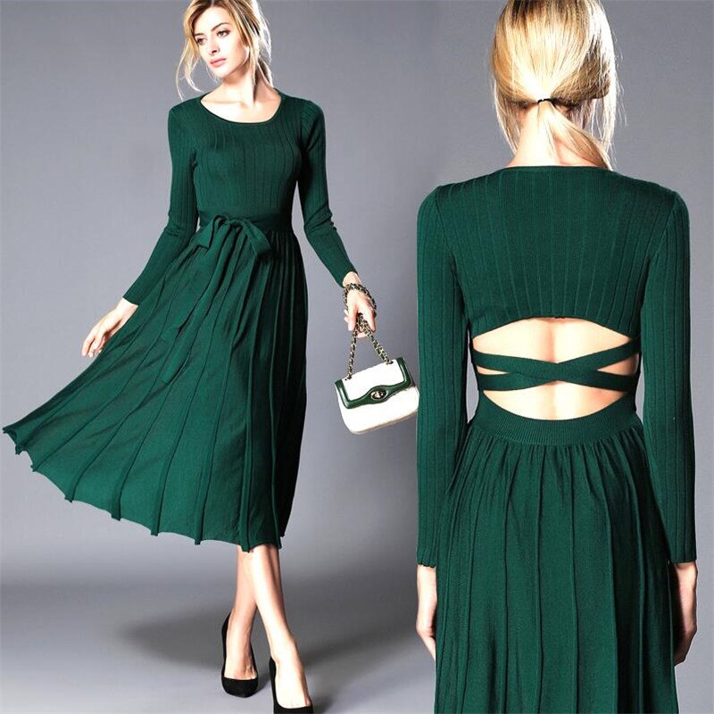 Women Autumn Spring Vintage Backless Bow Dress Long Sleeves Sliming Dress Women Pleated Tunic Vestidos Knitted Dresses