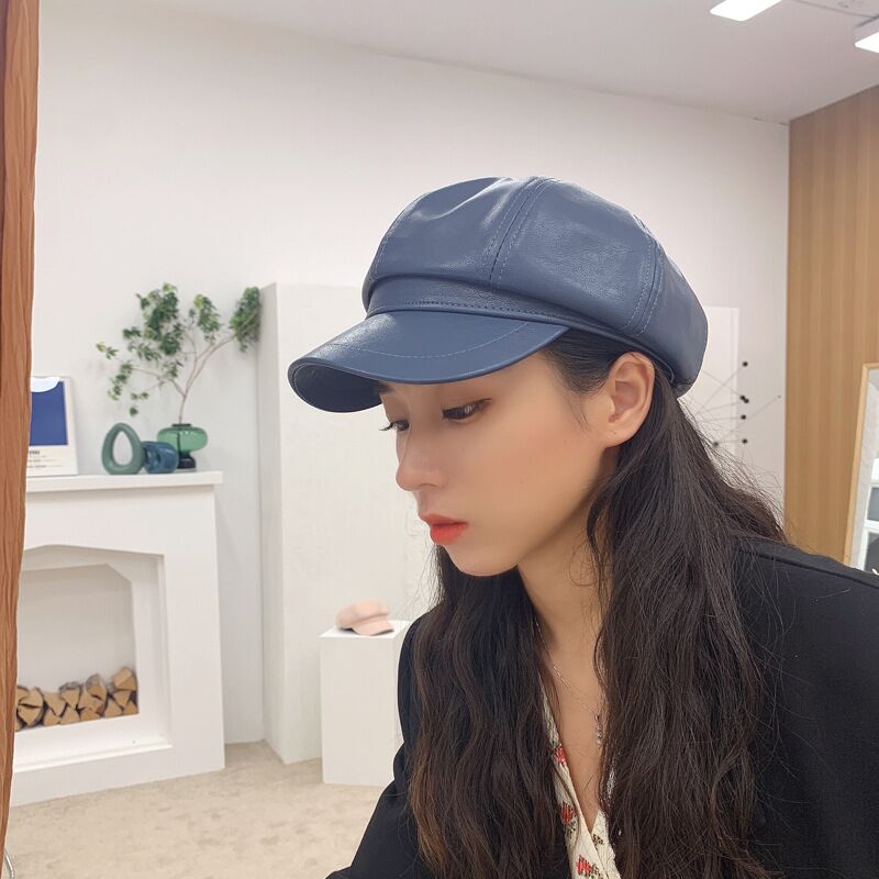 Solide PU cuir octogonal chapeaux pour femmes automne hiver angleterre rétro gavroche casquettes femme peintre casquettes décontracté visières chapeau