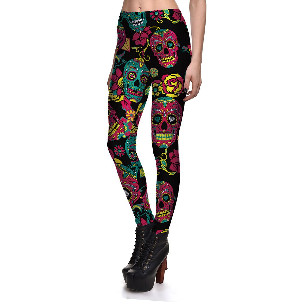 JIGERJOGER Lake blue Print Stretch Halloween Costume Leggings Full Length variety Floral skull Pattern gym Running jeggings: L
