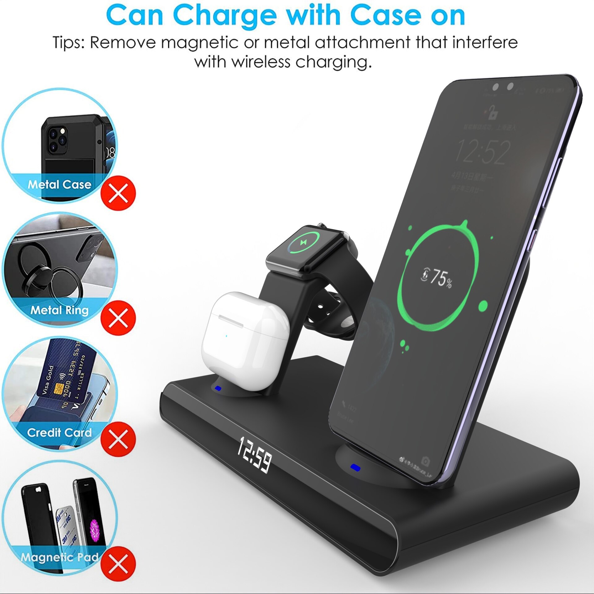 3 in 1 kabellos Ladestation Für iPhone 13 12 11 Profi Max/Apfel Uhr/AirPods LED Digital wecker Drahtlose Ladegerät Stehen
