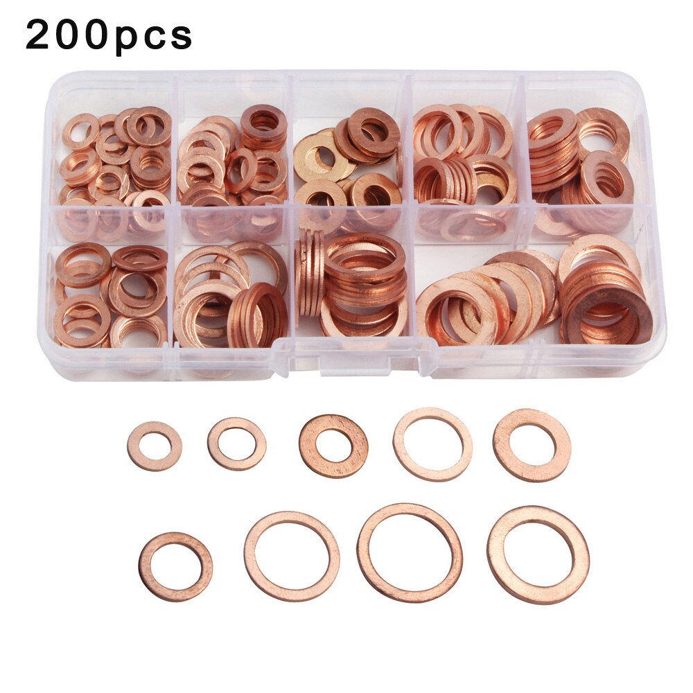 200pcs Copper Washers Crush Seal Assortment Assorted Set Set Of 200 Oil Drain Plug Washers Coppers 13*7*2.3cm Copper Washers