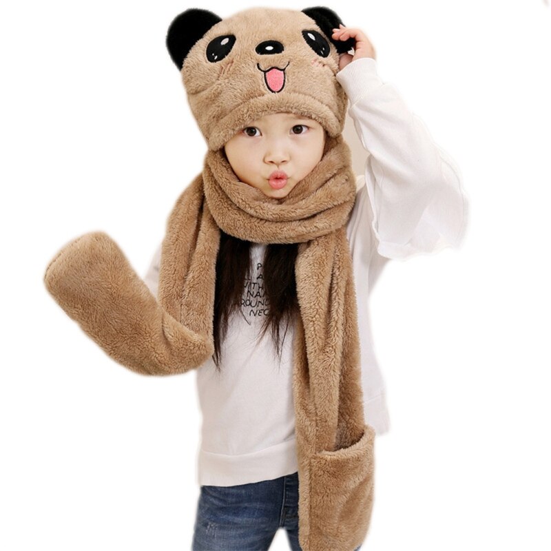 Peuter kinderen baby winter 3 in 1 muts lange sjaal handschoenen set panda dierenoren dikke pluizige pluche hoodie oorklep muts nekwarmer: En / M