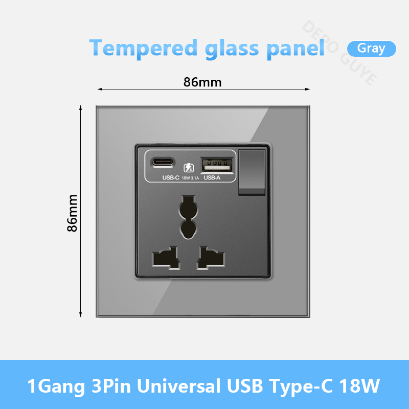 Universal Wall Socket 18W Type-C Fast Charging Plug Outlet,Glass Double 3-Pin Power Socket with DC 5V 3.1A Type-c USB Charger: Khaki
