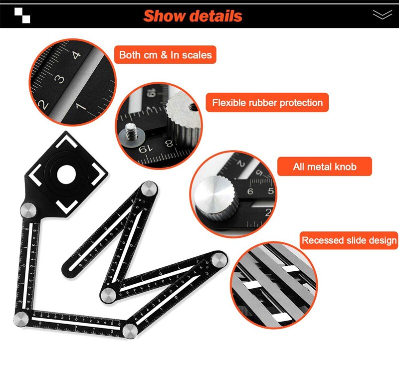 Metal vinkel lineal finder måle lineal aluminiumslegering 6- gange perforeret form skabelon værktøj izer locator bor guide flise hul