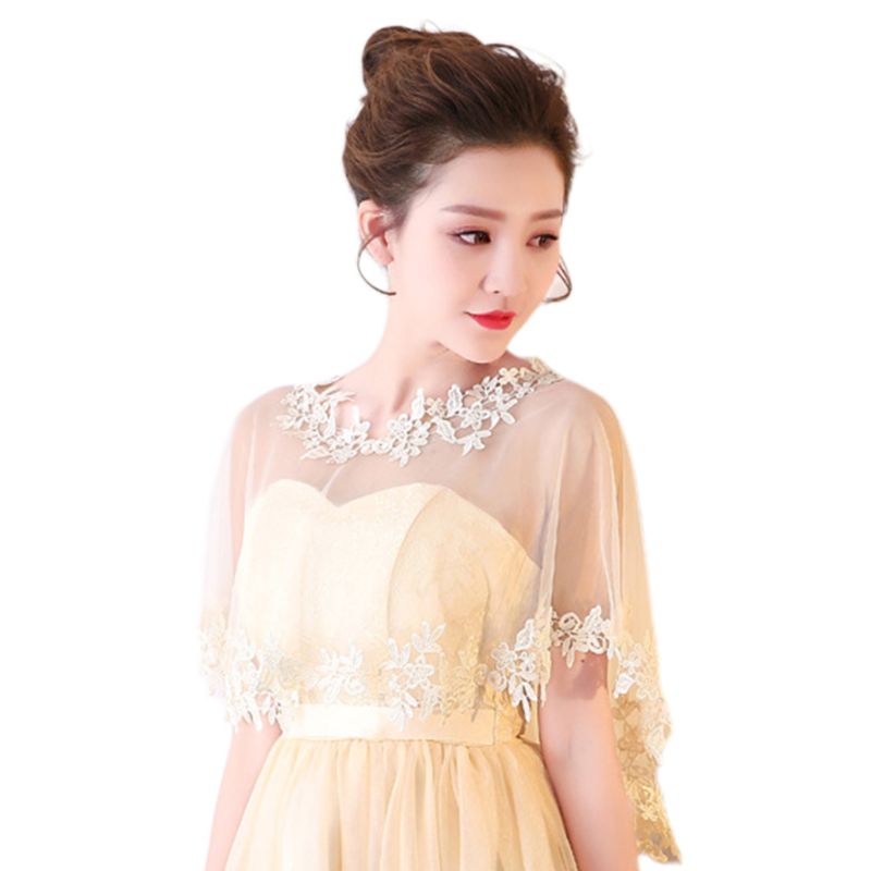 Femmes simple couche pure haut bas mariage châle enveloppement dentelle florale Applique épissage garniture mariée soirée Cape haussement d'épaules Capelet boléro: Champagne