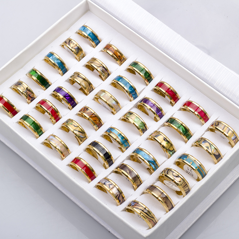 24 Stks/partij Mode Mousserende Multicolor Schelpen Rvs Ringen Voor Vrouwen Mannen Mix Stijl Bruiloft Partij Vinger Sieraden: WHITE