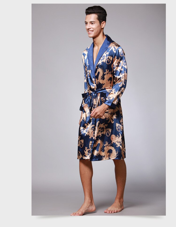 Wijn Badjas Kamerjas Nachtkleding Mannen Zijde Zomer en Herfst Luxe Kimono Satijnen Badjas Print Knielengte Lange Mouwen