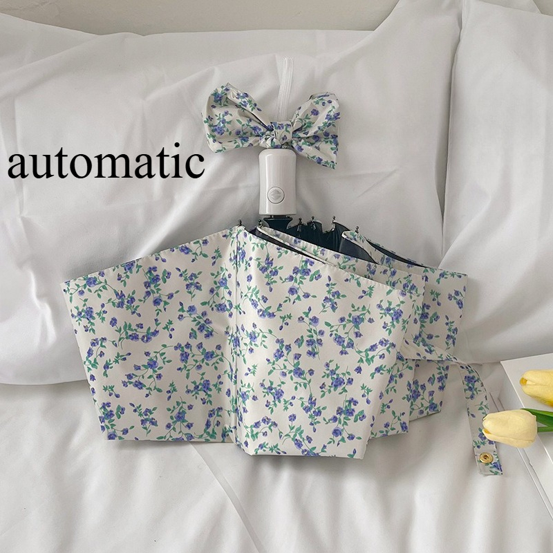1-delige kleine blauwe bloemenparaplu, zachte stijl, zonbescherming, drievoudige automatische paraplu voor alle weersomstandigheden: Blauw