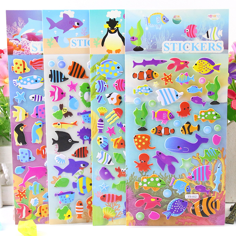 4 vellen/set stickers met zeedieren, cartoonvissen, schattige stickers met 3d bubbels, plakboek voor jongens- en meisjeskamerdecoratie