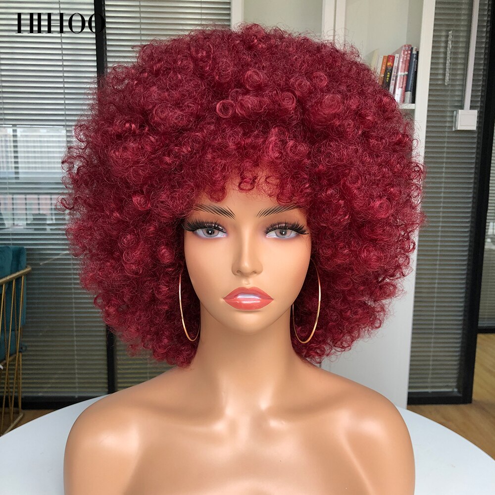Peluca Afro rizada de pelo corto con flequillo para mujer, peluca sintética rosa para Cosplay, color negro, azul, rojo y marrón para Halloween: P1B / 613