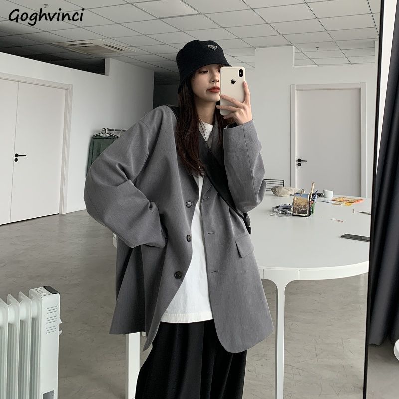 Blazere kvinder solid enkeltradet oversize retro forår efterår chic afslappet dame blazer teenagere enkel all-match stilfuld bf