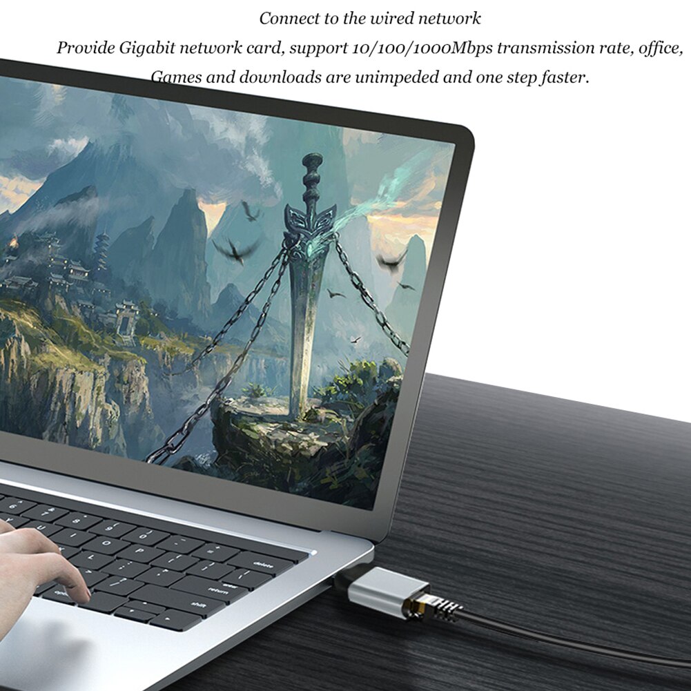 Grey Network Hub 1-Gigabit Aluminum Alloy Plug And Play Computers Travel Accessories USB C To Ethernet Adapter For Thunderbolt 3