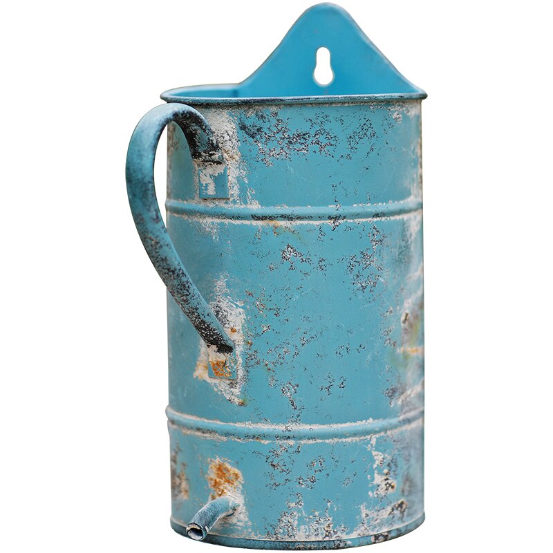 special retro rustic blue metal wall hanging planter pot