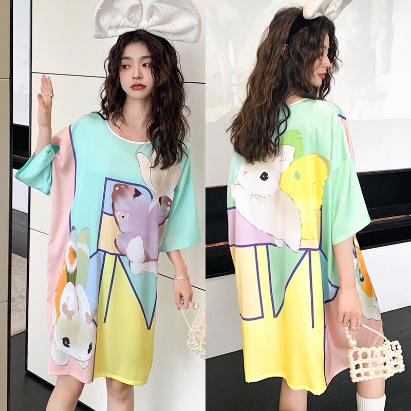 Satijnen Nachtjapon Vrouwen Nachtkleding Chiffon Nachtjapon Kawaii Lingerie Gewaad Vest Sexy Nachtkleding Zijde Slaap Tops Zomer 2022: Butterfly Rabbit