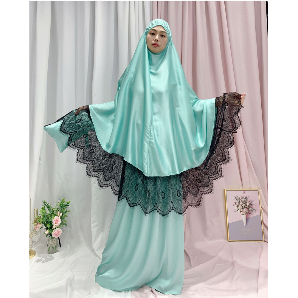 Ramadan kvinnor 2 delar muslimsk bönset khimar abaya overhead hijab+kjol heltäckande islam kläder mellanöstern gudstjänst: 036 04 grönt