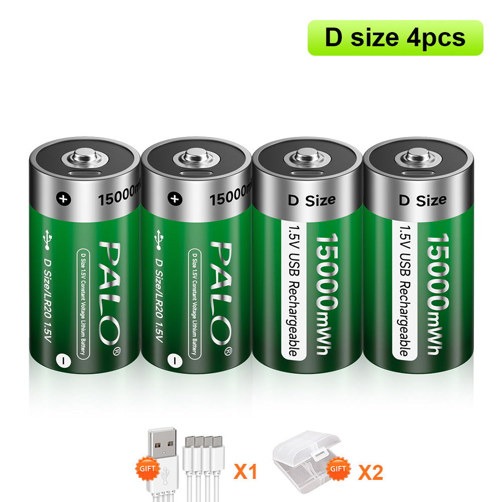 Batterie Rechargeable USB 1.5V LR20, R20, 15000mWh, taille D, avec câble de Type C, pour appareils à gaz, cuisinière liquéfiée, Li-ion: green