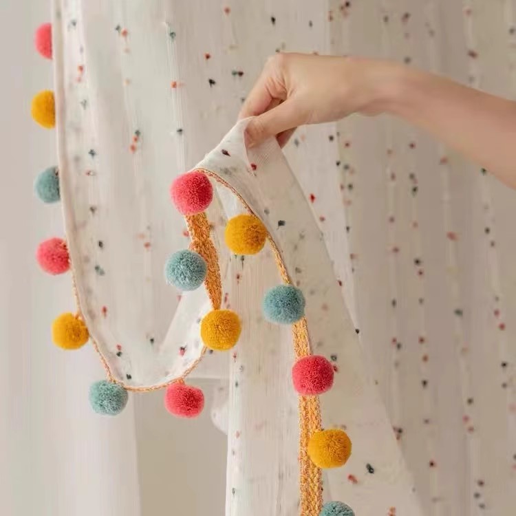 Spetsband - 3m Bomull Tassel Kant - Pompom Dekoration för Gardiner, Soffa, Duk, DIY Hantverk: M / Röd