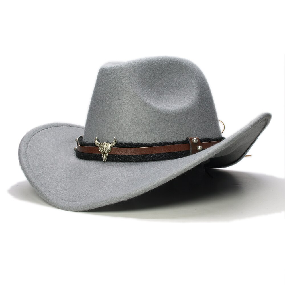 Large Plus 61cm Retro Women Men Wool Wide Brim Cowboy Western Cowgirl Hat Funeral Formal Fedora Cap Bull Head Oxhead Braid Band: Gray