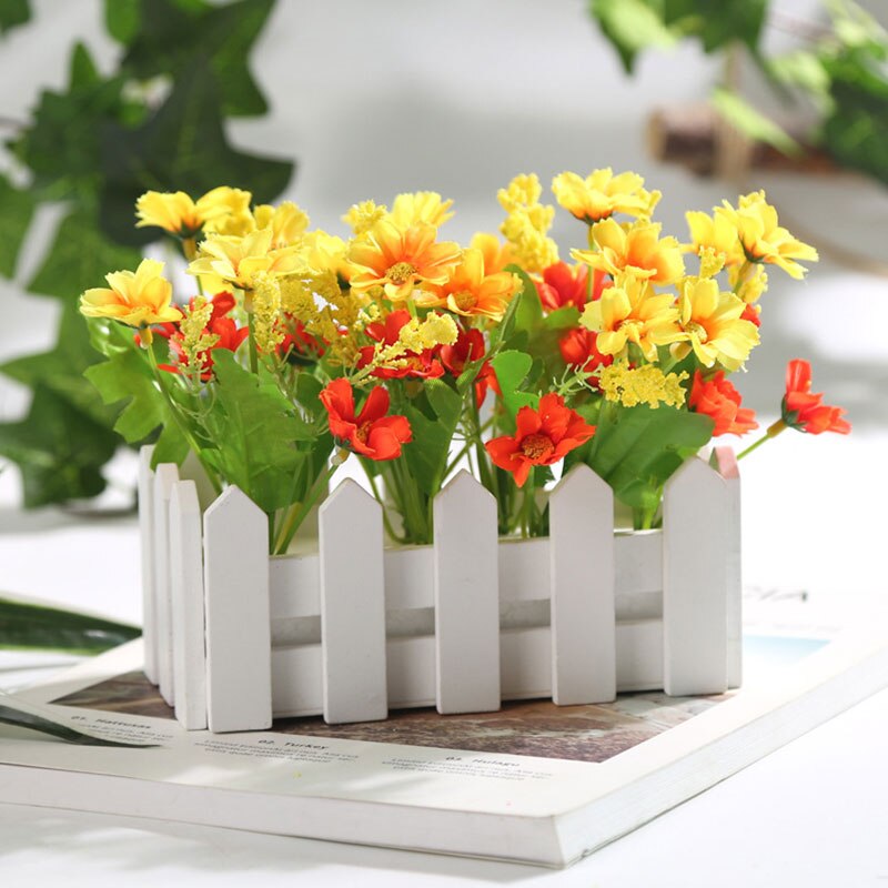1 Set White Wooden Fence Artificial Flower Floral Artificial Plants Holder Home Garden Decor Ornament: 02