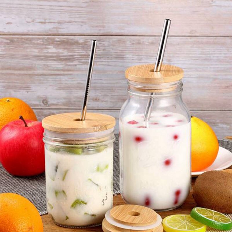 4Pcs Bamboo Mason Jar Lids with Straw Hole Reusable Wooden Caps Lids and Seal for Canning Drinking Glasses Storage Jars